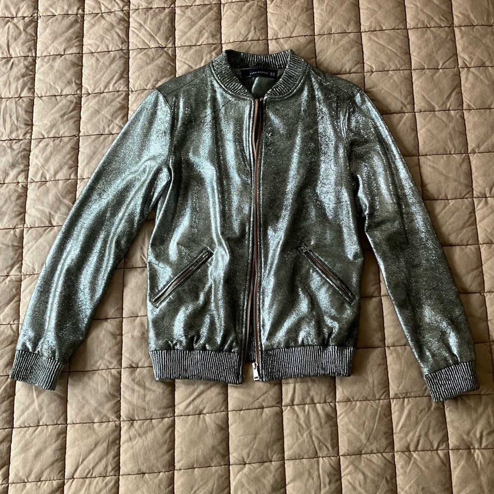 Zara Metallic Bomber Jacket - Silver/Gunmetal - Extra Smalll